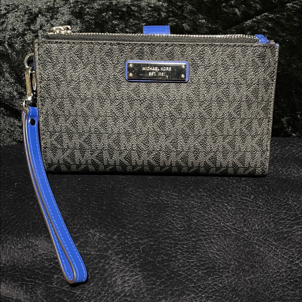 Michael Kors Gray and Blue Monogram Wristlet